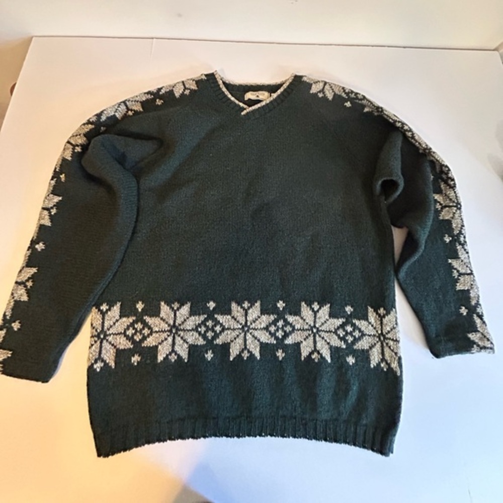 Men's Dark Green Fair Isle Wool Blend V‑Neck Sweater